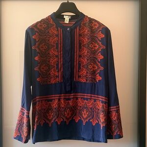 J. Crew Navy Top with Orange Paisley Embroidery